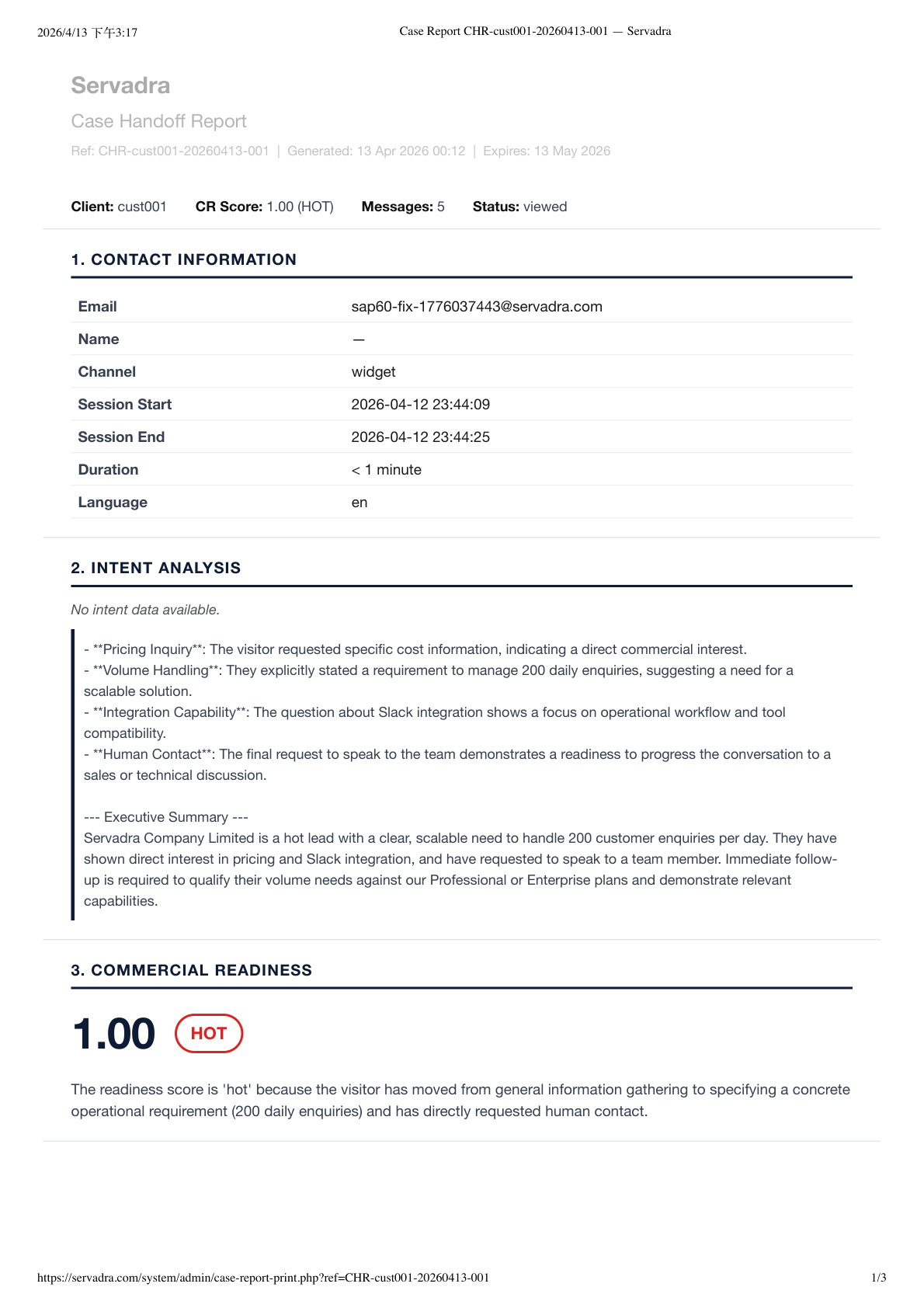 Servadra Case Handoff Report sample